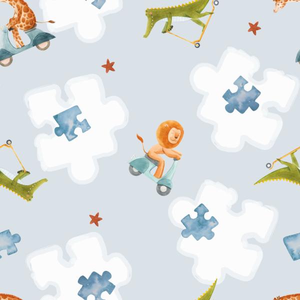 Baumwolljersey Dschungeltiere unterwegs mit Puzzlesteinen auf Hellblau